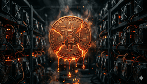 Ein dramatisches, computergeneriertes Bild, das eine physische Bitcoin-Münze darstellt, die in der Mitte eines dunklen, industrialisierten Serverraums oder einer „Mining-Farm“ schwebt. Die Münze ist zerbrochen, mit leuchtenden, feurigen Rissen, die durch ihre Oberfläche verlaufen, und geschmolzenes Gold tropft von der Unterseite herab, was Hitze und Zerstörung suggeriert. Die Münze ist detailliert, mit dem prominenten „₿“-Logo und der Inschrift „BITCOIN“ oben. Der Hintergrund ist erfüllt von Reihen von Server-Racks, die mit blinkenden LED-Leuchten (meist rot und orange) und Kühlventilatoren ausgestattet sind, die die Münze einrahmen. Funken und Rauch steigen von der schmelzenden Münze auf und verstärken die chaotische und intensive Atmosphäre. Der Boden unter der Münze ist dunkel und uneben, mit geschmolzenen Rückständen. Die Beleuchtung ist dramatisch, mit warmen orangefarbenen und roten Tönen, die mit der kühlen Dunkelheit des Raums kontrastieren.