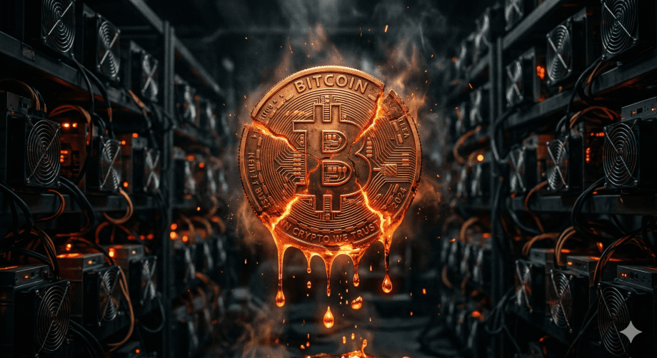 Ein dramatisches, computergeneriertes Bild, das eine physische Bitcoin-Münze darstellt, die in der Mitte eines dunklen, industrialisierten Serverraums oder einer „Mining-Farm“ schwebt. Die Münze ist zerbrochen, mit leuchtenden, feurigen Rissen, die durch ihre Oberfläche verlaufen, und geschmolzenes Gold tropft von der Unterseite herab, was Hitze und Zerstörung suggeriert. Die Münze ist detailliert, mit dem prominenten „₿“-Logo und der Inschrift „BITCOIN“ oben. Der Hintergrund ist erfüllt von Reihen von Server-Racks, die mit blinkenden LED-Leuchten (meist rot und orange) und Kühlventilatoren ausgestattet sind, die die Münze einrahmen. Funken und Rauch steigen von der schmelzenden Münze auf und verstärken die chaotische und intensive Atmosphäre. Der Boden unter der Münze ist dunkel und uneben, mit geschmolzenen Rückständen. Die Beleuchtung ist dramatisch, mit warmen orangefarbenen und roten Tönen, die mit der kühlen Dunkelheit des Raums kontrastieren.