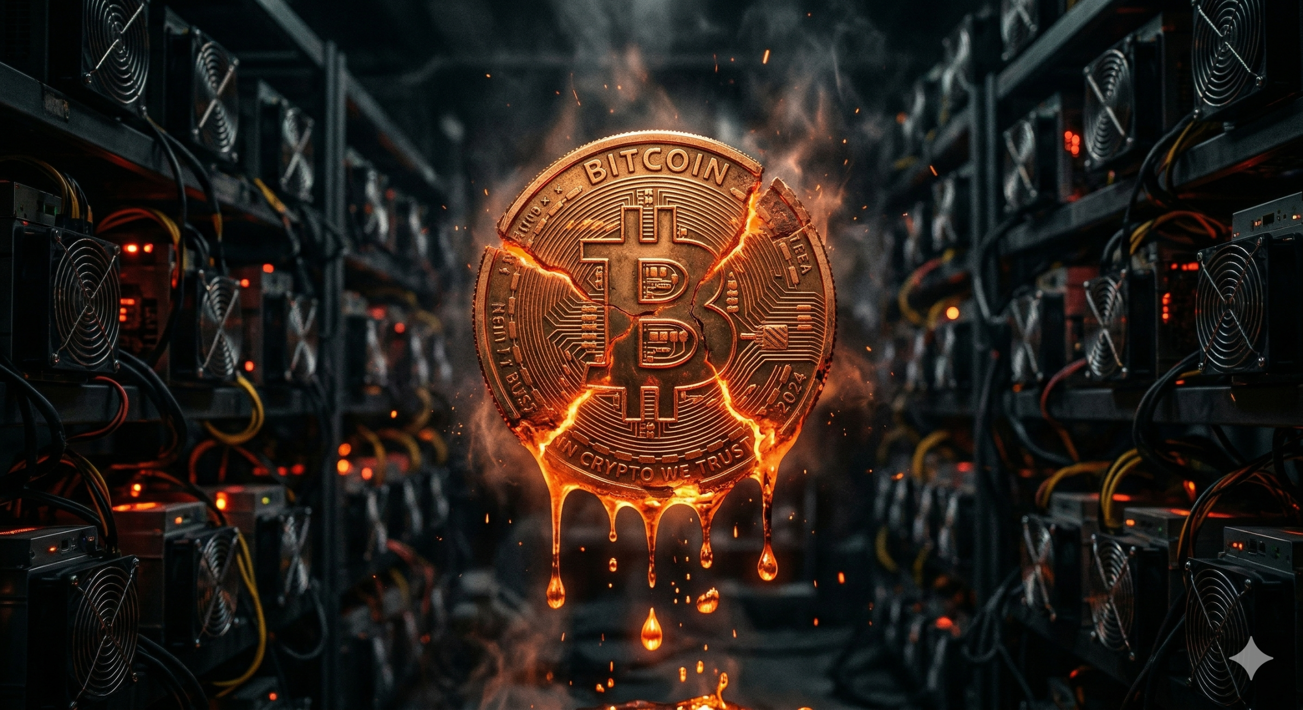 Ein dramatisches, computergeneriertes Bild, das eine physische Bitcoin-Münze darstellt, die in der Mitte eines dunklen, industrialisierten Serverraums oder einer „Mining-Farm“ schwebt. Die Münze ist zerbrochen, mit leuchtenden, feurigen Rissen, die durch ihre Oberfläche verlaufen, und geschmolzenes Gold tropft von der Unterseite herab, was Hitze und Zerstörung suggeriert. Die Münze ist detailliert, mit dem prominenten „₿“-Logo und der Inschrift „BITCOIN“ oben. Der Hintergrund ist erfüllt von Reihen von Server-Racks, die mit blinkenden LED-Leuchten (meist rot und orange) und Kühlventilatoren ausgestattet sind, die die Münze einrahmen. Funken und Rauch steigen von der schmelzenden Münze auf und verstärken die chaotische und intensive Atmosphäre. Der Boden unter der Münze ist dunkel und uneben, mit geschmolzenen Rückständen. Die Beleuchtung ist dramatisch, mit warmen orangefarbenen und roten Tönen, die mit der kühlen Dunkelheit des Raums kontrastieren.