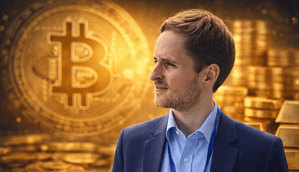 Dr. Jonas Groß vor einem Bitcoin-Symbol und Goldbarren