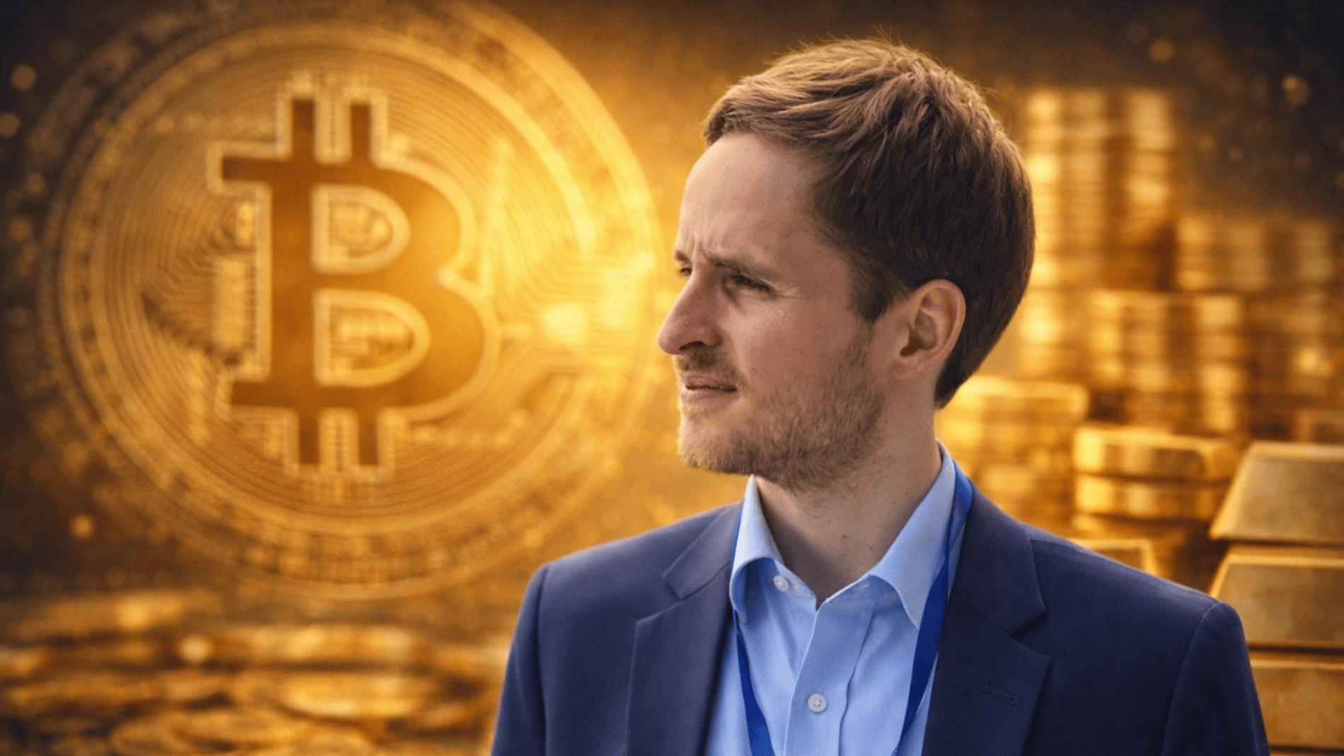 Dr. Jonas Groß vor einem Bitcoin-Symbol und Goldbarren
