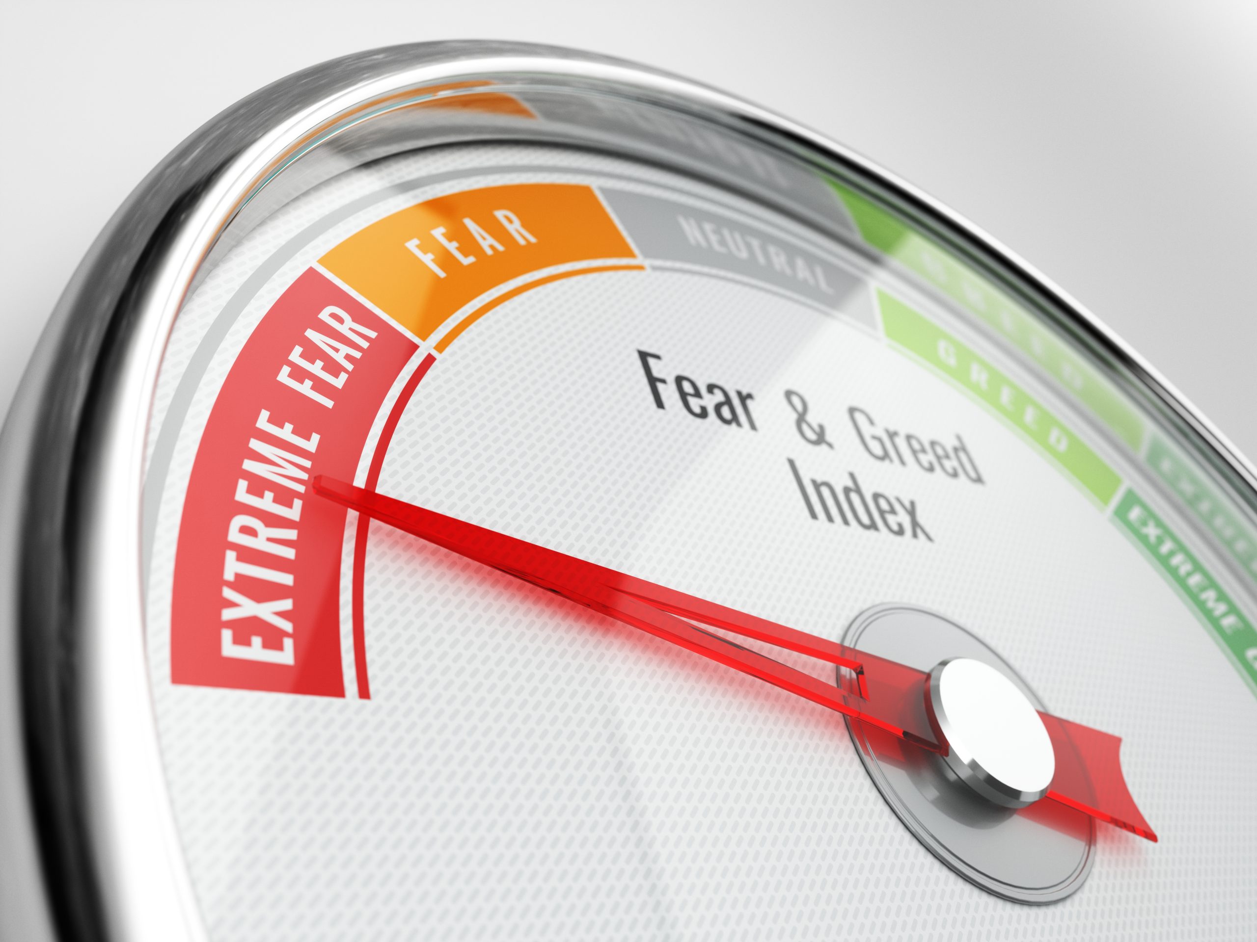 Zu sehen ist der Fear and Greed Index, der auf Fear zeigt