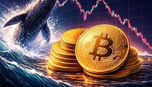 Das Bild zeigt eine stilisierte Szene aus der Krypto-Welt: Im Vordergrund liegt ein Stapel glänzender Bitcoin-Münzen, wobei eine Münze mit dem Bitcoin-Logo prominent nach vorne geneigt ist. Links im Bild durchbricht ein großer Wal die Wasseroberfläche und spritzt Gischt in die Höhe – ein visuelles Symbol für einen sogenannten „Bitcoin-Wal“, also einen Großinvestor.