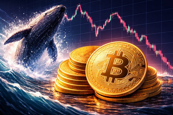 Das Bild zeigt eine stilisierte Szene aus der Krypto-Welt: Im Vordergrund liegt ein Stapel glänzender Bitcoin-Münzen, wobei eine Münze mit dem Bitcoin-Logo prominent nach vorne geneigt ist. Links im Bild durchbricht ein großer Wal die Wasseroberfläche und spritzt Gischt in die Höhe – ein visuelles Symbol für einen sogenannten „Bitcoin-Wal“, also einen Großinvestor.