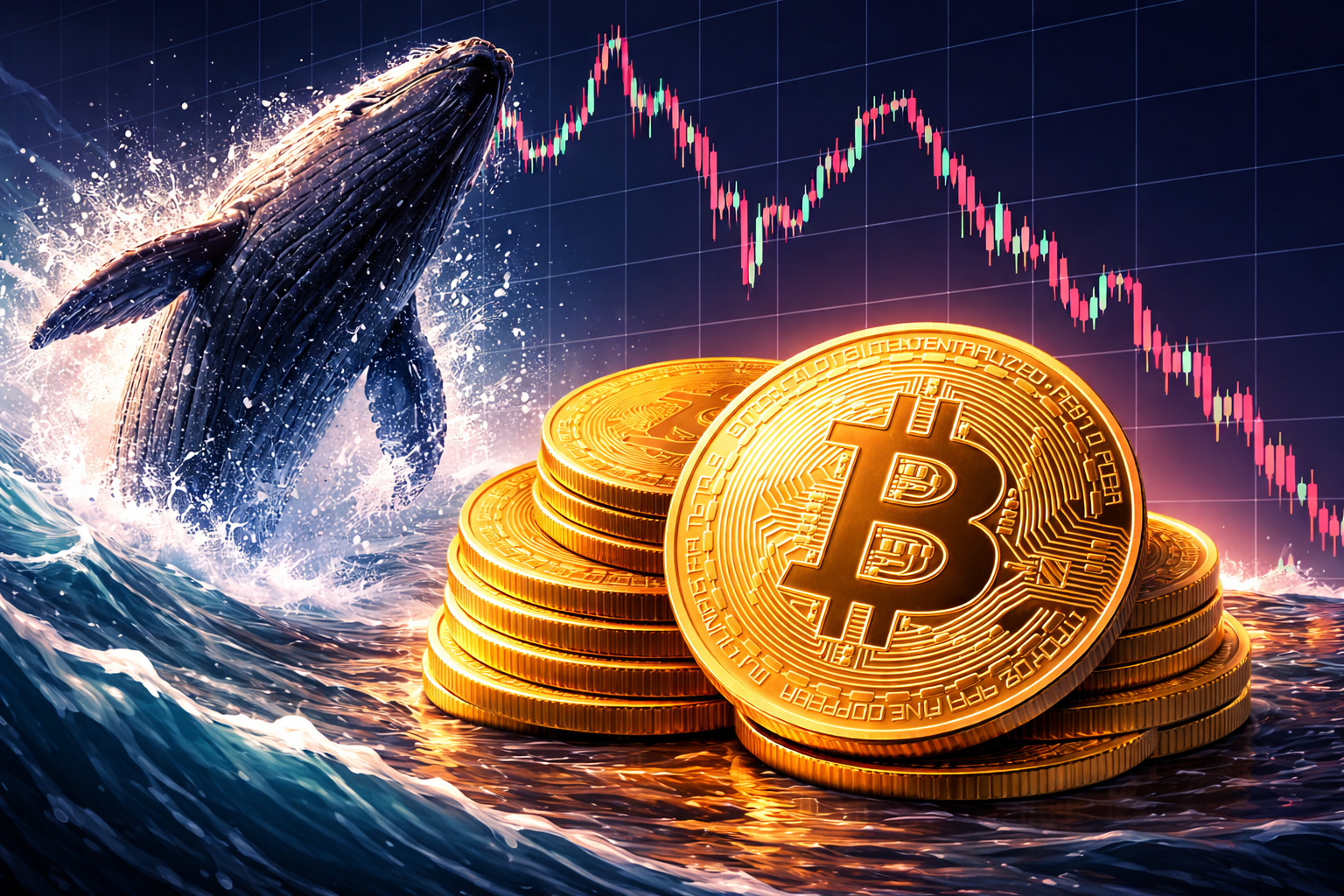 Das Bild zeigt eine stilisierte Szene aus der Krypto-Welt: Im Vordergrund liegt ein Stapel glänzender Bitcoin-Münzen, wobei eine Münze mit dem Bitcoin-Logo prominent nach vorne geneigt ist. Links im Bild durchbricht ein großer Wal die Wasseroberfläche und spritzt Gischt in die Höhe – ein visuelles Symbol für einen sogenannten „Bitcoin-Wal“, also einen Großinvestor.