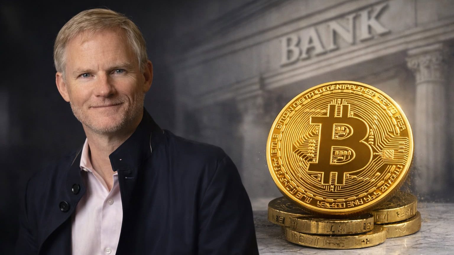 Belshe und eine Bitcoin-Münze vor einer Bank