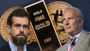 Bitcoin vs. Gold: Jack Dorsey und Peter Schiff vor einem Goldbarren und Bitcoin-Münzen