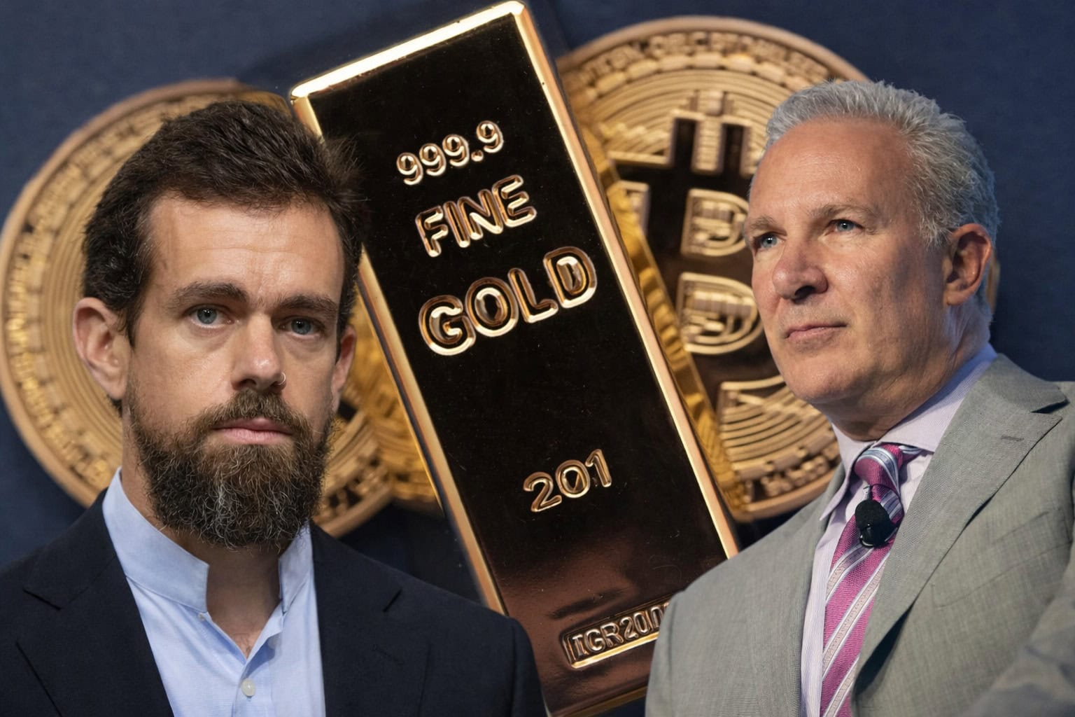 Bitcoin vs. Gold: Jack Dorsey und Peter Schiff vor einem Goldbarren und Bitcoin-Münzen
