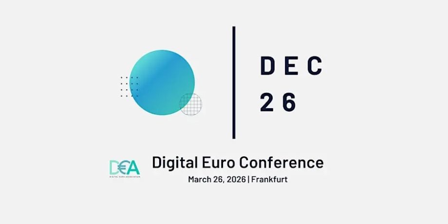 Grafik zur Digital Euro Conference am 26. März 2026 in Frankfurt mit modernem blau-grünem Kreisdesign und dem Schriftzug „DEC 26“.