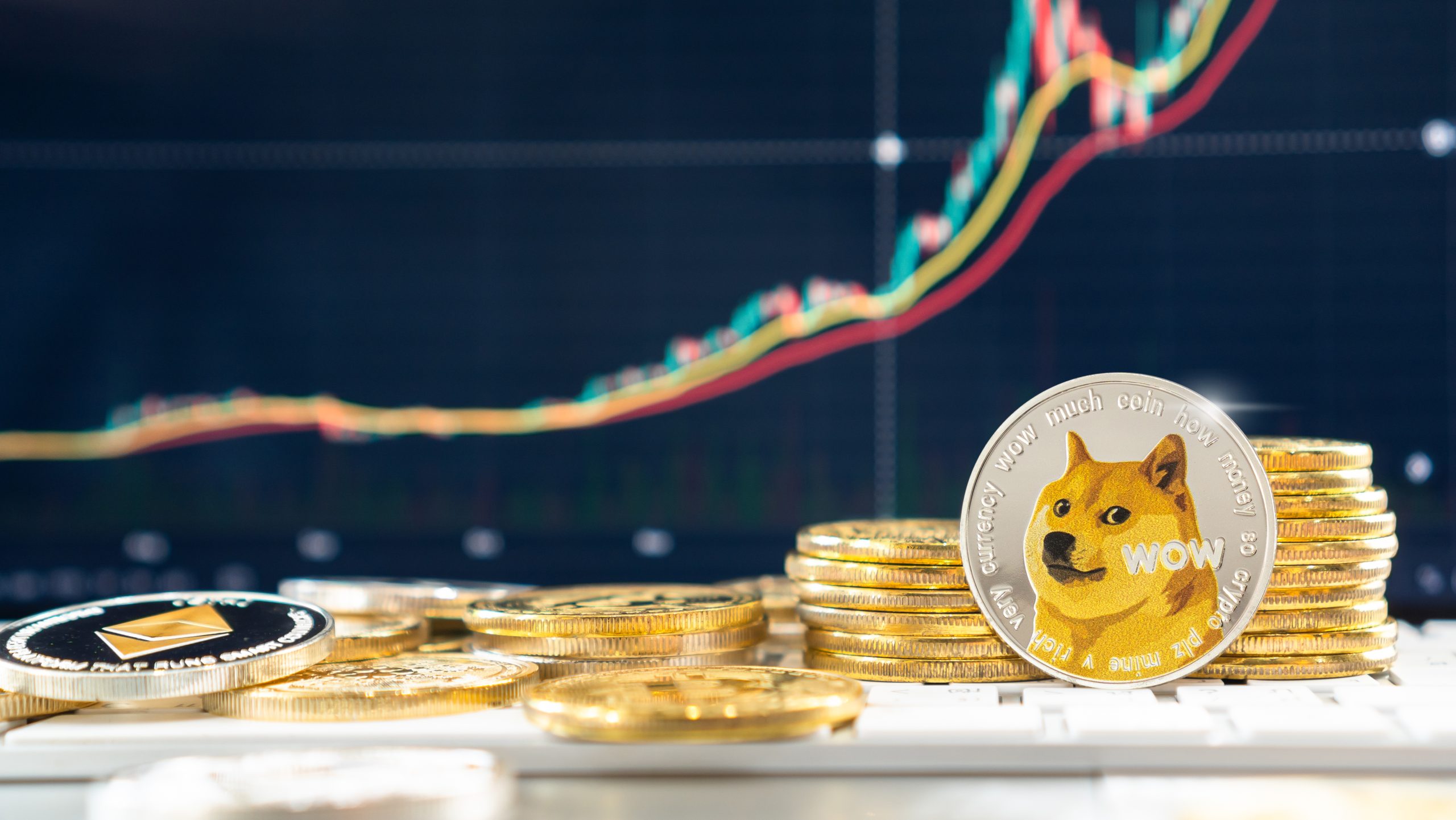 Dogecoin-Münze vor Chart