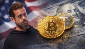 Jack Dorsey vor einer Bitcoin- und USDT-Münze