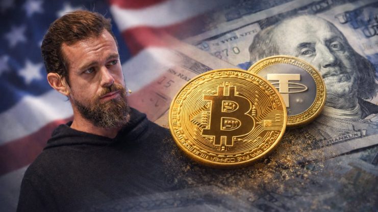 Jack Dorsey vor einer Bitcoin- und USDT-Münze