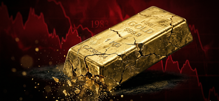 Ein schwerer, glänzender Goldbarren liegt zentral und leicht schräg auf einem dunklen Untergrund. Der Barren weist tiefe Risse und Bruchlinien auf; an einer Ecke zerfällt das Gold in kleine, wegfliegende Partikel. Der Hintergrund ist in einem tiefen, dramatischen Rot gehalten, in dem unscharfe, steil abfallende Chartlinien und dezent die Jahreszahl „1983“ zu erkennen sind. Hartes Licht von oben betont die Textur der Brüche und erzeugt eine bedrohliche, instabile Atmosphäre.