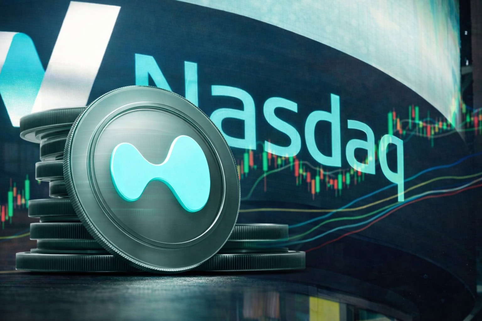 Hyperliquid-Token vor Nasdaq-Logo mit Kurschart im Hintergrund.