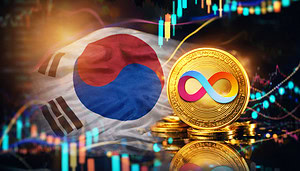 Das Logo von ICP auf einer goldenen Münze. Daneben ist ein Kurschart vor der Flagge Südkoreas.