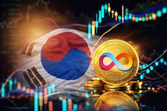 Das Logo von ICP auf einer goldenen Münze. Daneben ist ein Kurschart vor der Flagge Südkoreas.