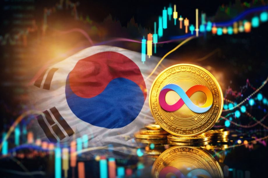 Das Logo von ICP auf einer goldenen Münze. Daneben ist ein Kurschart vor der Flagge Südkoreas.