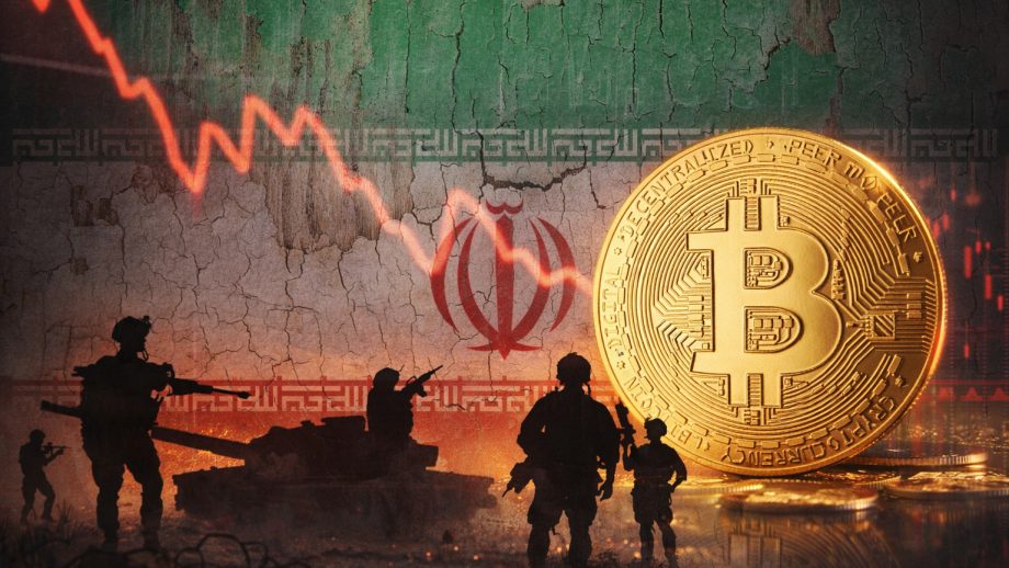 Eine Iran-Flagge und Soldaten, dazu eine Bitcoin-Münze