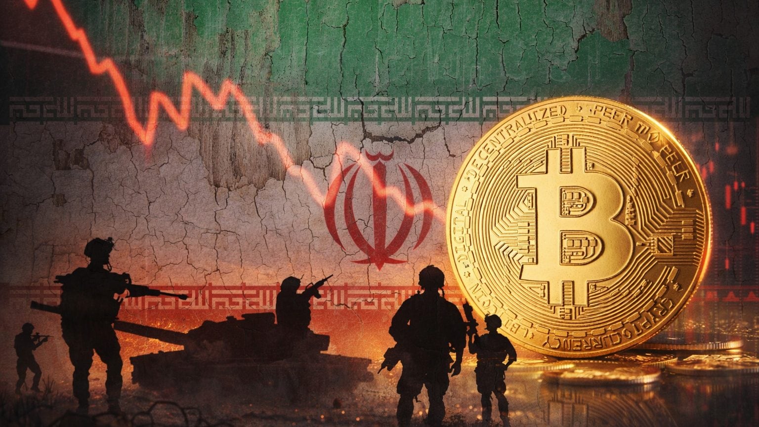 Eine Iran-Flagge und Soldaten, dazu eine Bitcoin-Münze