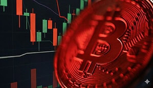 Eine rot-gefärbte Bitcoin-Münze vor einem Chart mit roten und grünen Kerzen.