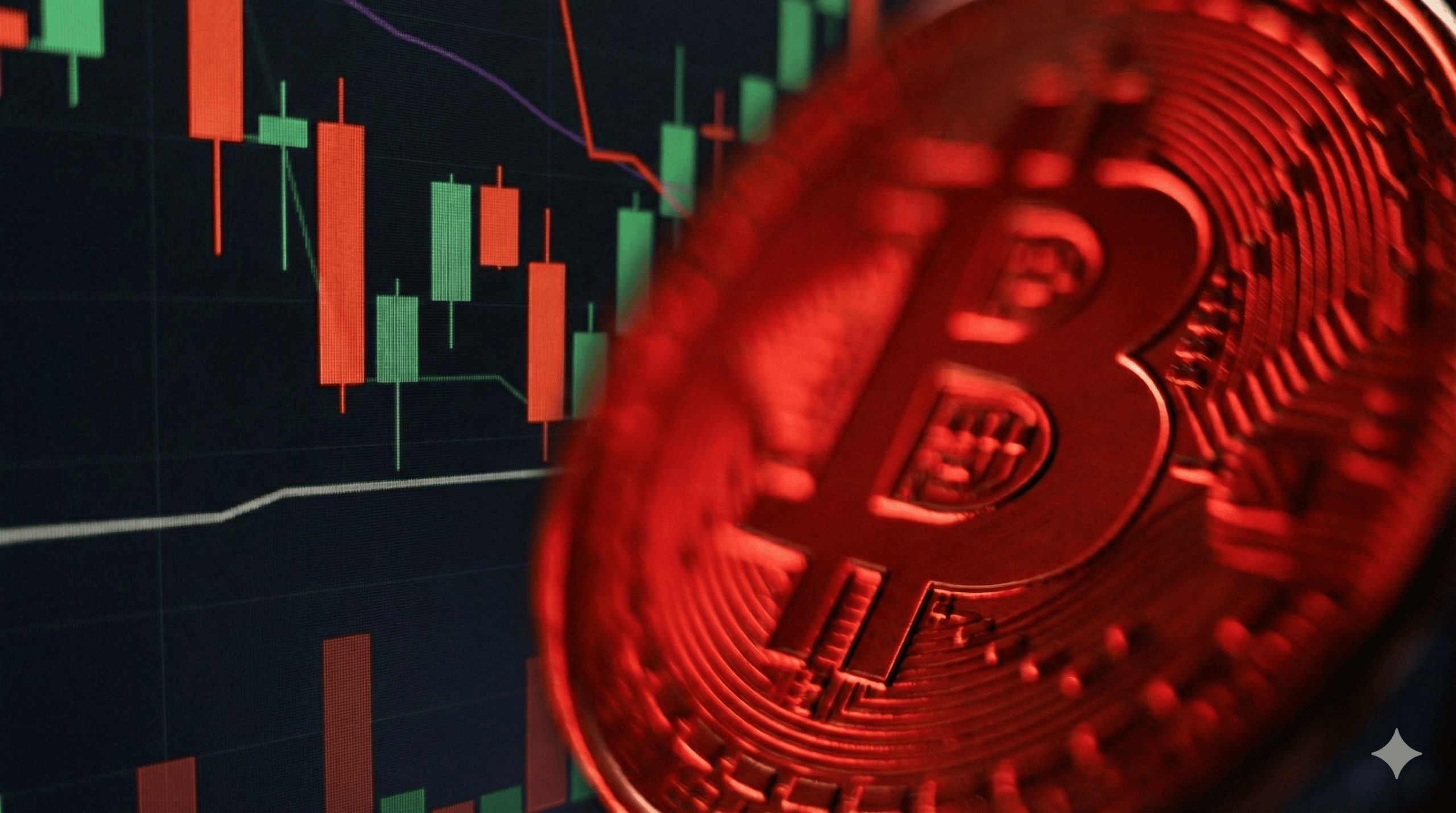 Eine rot-gefärbte Bitcoin-Münze vor einem Chart mit roten und grünen Kerzen.