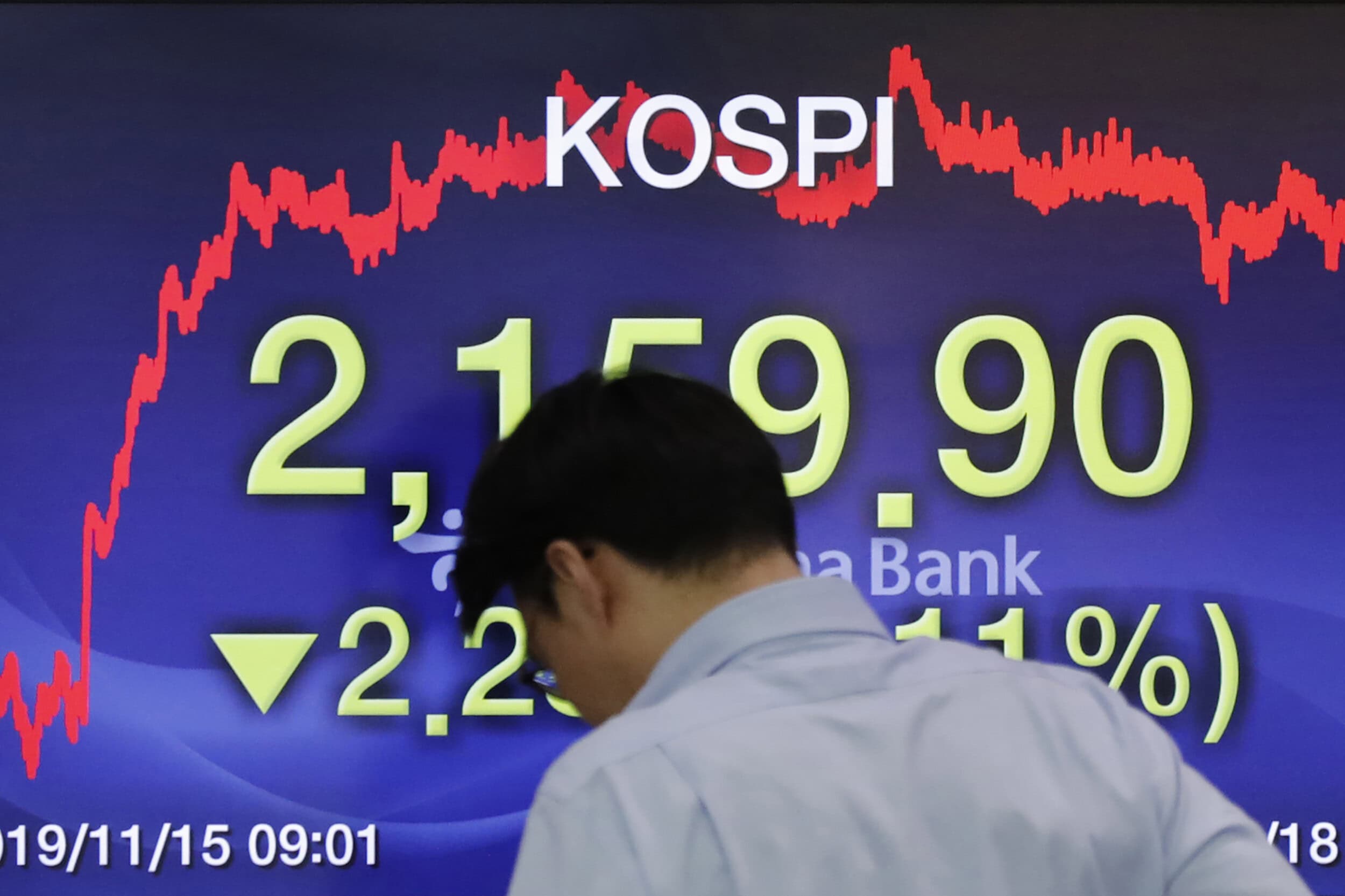 Trader steht vor Anzeige mit Kospi-Index