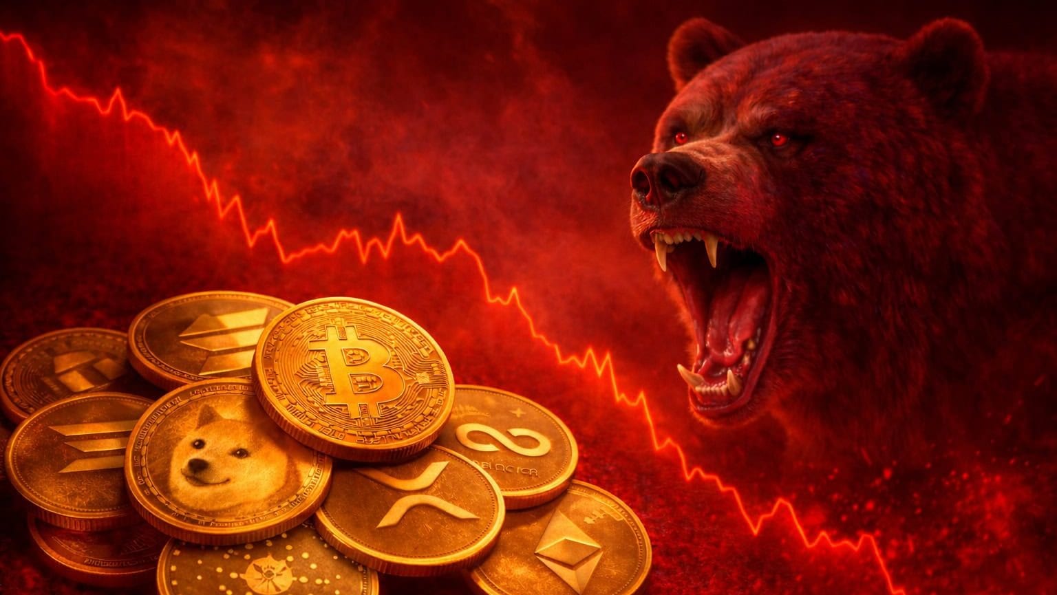 Krypto-Münzen vor einem roten Chartbild, dazu ein brüllender Bär