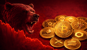 Ein Bär blickt vor rotem Hintergrund wütend auf verschiedene Krypto-Coins