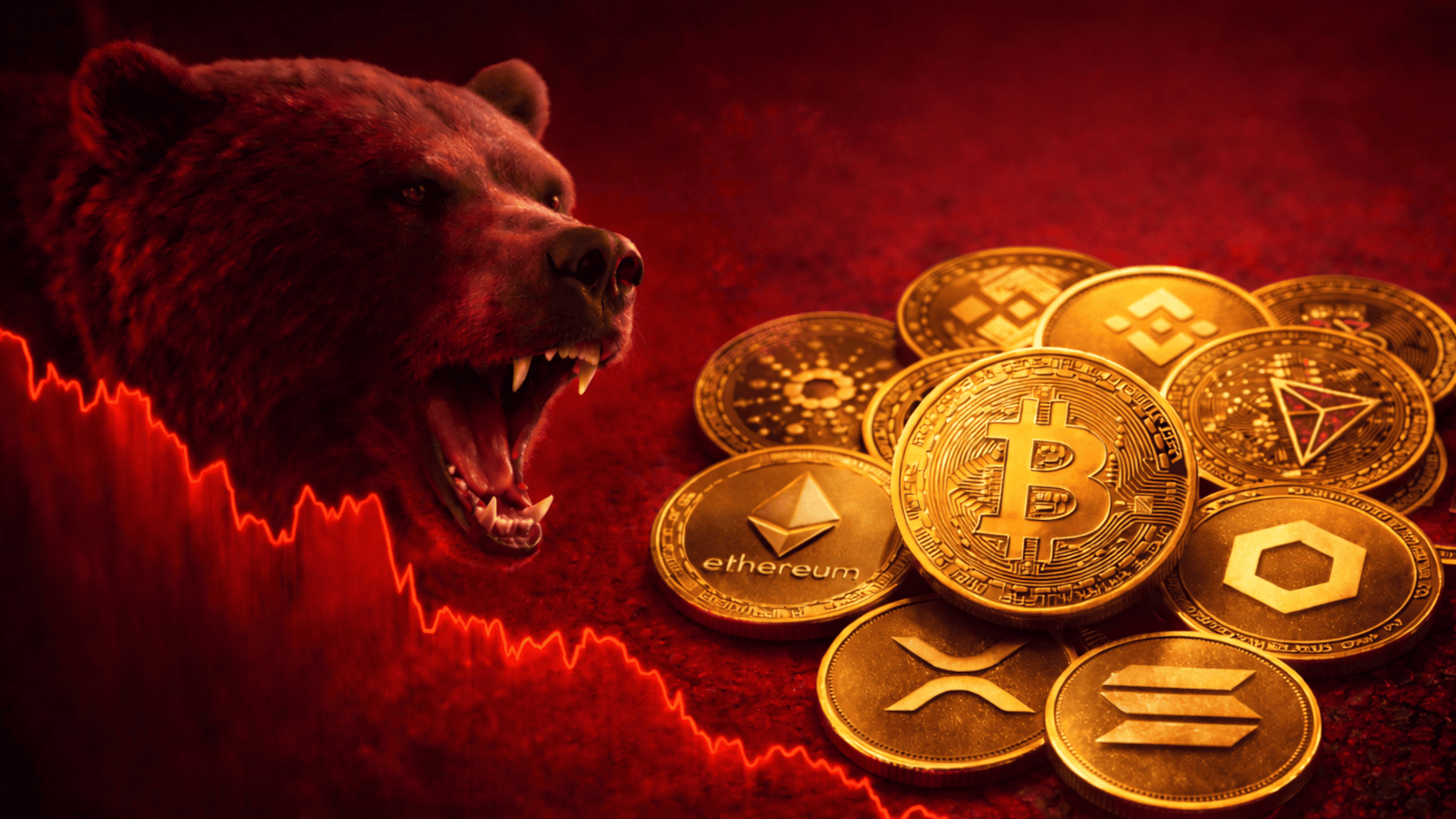 Ein Bär blickt vor rotem Hintergrund wütend auf verschiedene Krypto-Coins