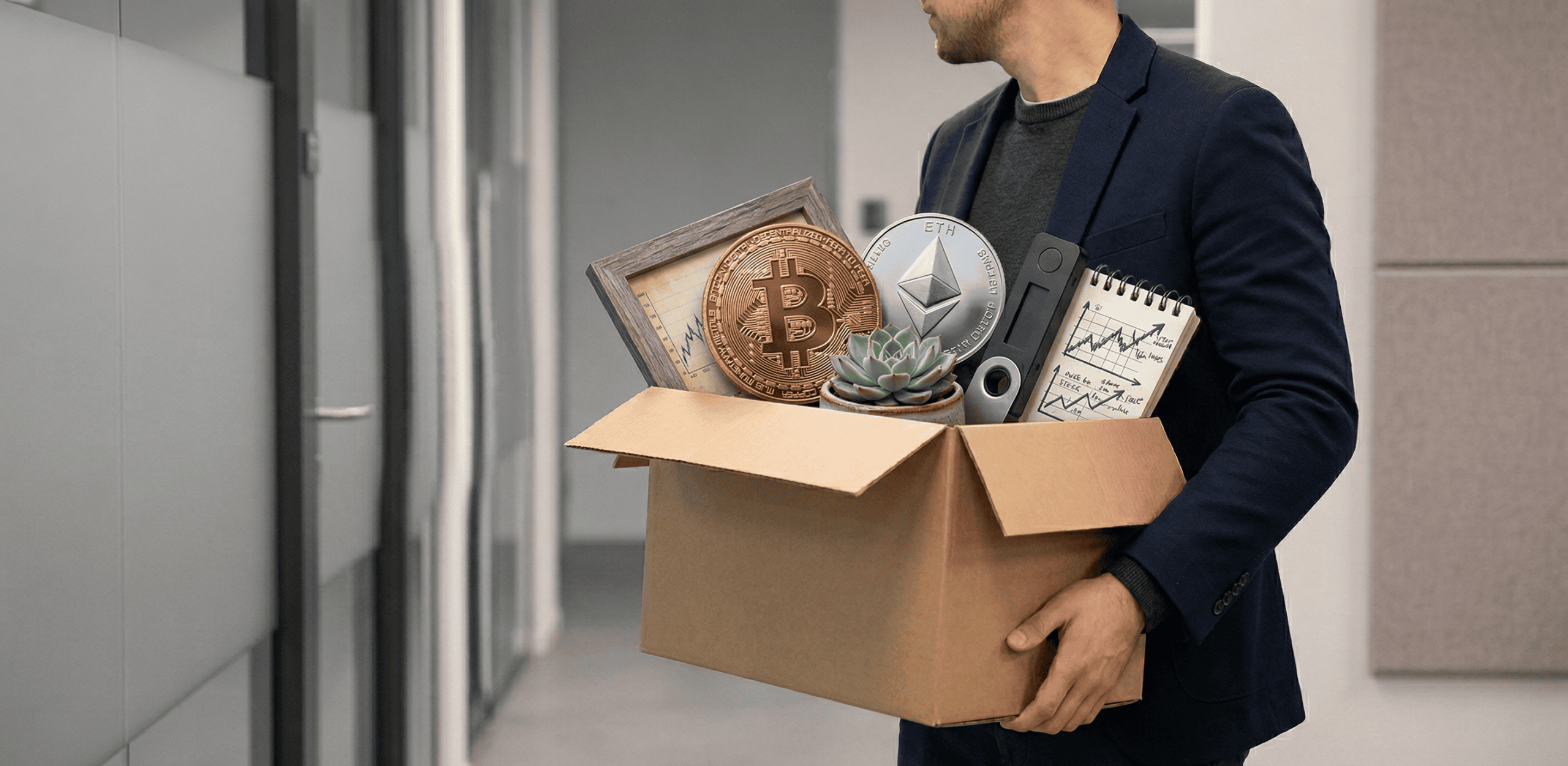 Eine Person im dunkelblauen Sakko trägt einen braunen Umzugskarton durch einen minimalistischen, hellen Büroflur. Der Fokus liegt auf dem Karton, der Krypto-spezifische Gegenstände enthält: eine große physische Bitcoin-Münze aus Kupfer, eine silberne Ethereum-Münze, ein Hardware-Wallet, eine kleine Sukkulente sowie ein Notizbuch und ein gerahmtes Bild mit Kurscharts. Die Szene wirkt ruhig und symbolisiert den Abschied aus der Krypto-Branche.