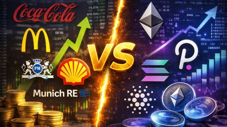 Logos von Dividendenaktien und Coins mit Proof-of-Stake