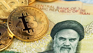 Bitcoin-Münze neben Schein von iranischem Rial