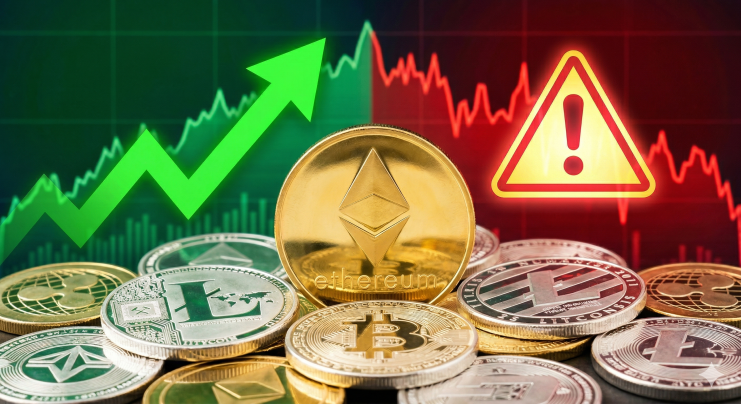 Eine kontrastreiche digitale Komposition zum Thema Kryptowährungen. Im Vordergrund liegt ein Stapel physischer Coins, zentral dominiert von einer glänzenden, goldenen Ethereum-Münze, umgeben von Bitcoin und Litecoin. Der Hintergrund ist zweigeteilt: Links zeigt ein sattes Grün einen steil ansteigenden Kurschart mit einem großen, nach oben gerichteten Pfeil. Rechts wechselt die Szene abrupt in ein tiefes Rot mit einer unruhigen, fallenden Kurslinie und einem leuchtenden gelben Warnsymbol (Dreieck mit Ausrufezeichen). Die Darstellung symbolisiert das Spannungsfeld zwischen Gewinnchancen und Marktvolatilität.