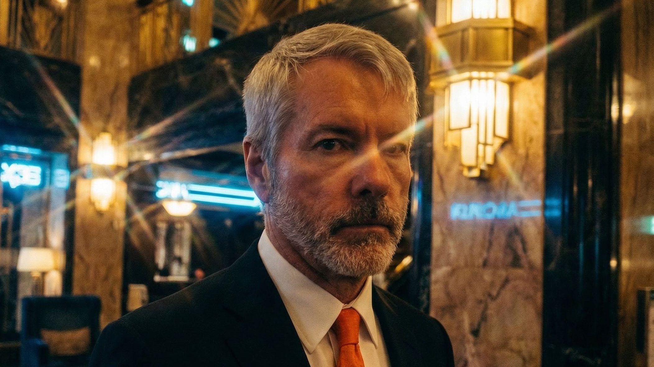 Michael Saylor mit orangener "Bitcoin-Krawatte"