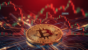 Eine detaillierte Nahaufnahme einer glänzenden, goldfarbenen Bitcoin-Münze, die flach auf einer futuristischen, dunkelblauen Platine mit leuchtenden orangefarbenen Schaltkreisen liegt. Im Hintergrund erstreckt sich ein unscharfer, rot dominierter Finanzmarkt-Chart mit Kerzendiagrammen, die eine volatile Kursbewegung zeigen. Eine kleine Markierung im Chart hebt den Preis von „70,000 USD“ hervor. Die Atmosphäre ist technologisch und spannungsgeladen, verstärkt durch den Kontrast zwischen der stabilen Goldmünze und den dynamischen roten Marktsignalen.