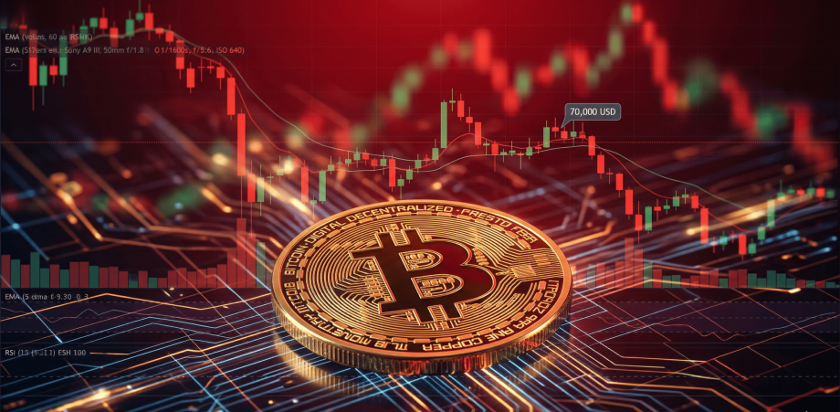 Eine detaillierte Nahaufnahme einer glänzenden, goldfarbenen Bitcoin-Münze, die flach auf einer futuristischen, dunkelblauen Platine mit leuchtenden orangefarbenen Schaltkreisen liegt. Im Hintergrund erstreckt sich ein unscharfer, rot dominierter Finanzmarkt-Chart mit Kerzendiagrammen, die eine volatile Kursbewegung zeigen. Eine kleine Markierung im Chart hebt den Preis von „70,000 USD“ hervor. Die Atmosphäre ist technologisch und spannungsgeladen, verstärkt durch den Kontrast zwischen der stabilen Goldmünze und den dynamischen roten Marktsignalen.
