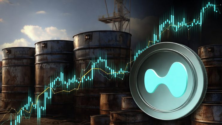 Ölboom meets Hyperliquid Hyperliquid-Münze vor Ölfässern