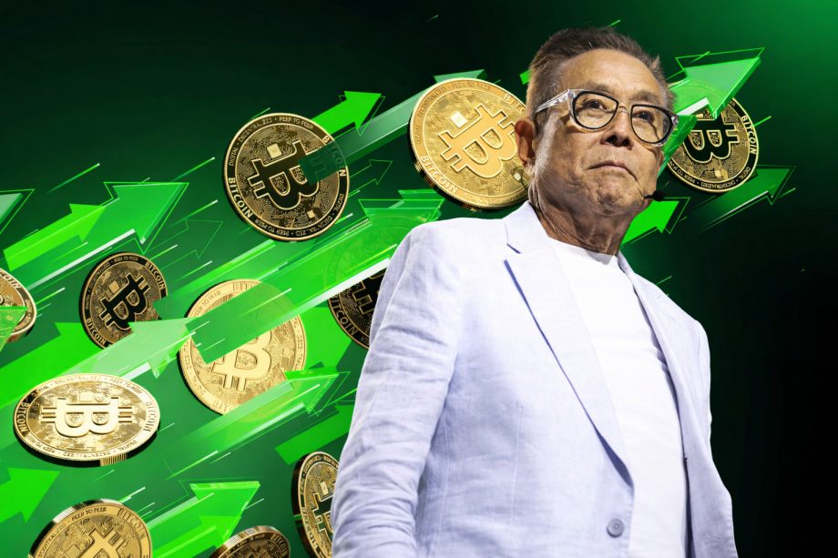 Robert Kiyosaki vor steigenden Bitcoin-Kursen mit grünen Pfeilen im Hintergrund.