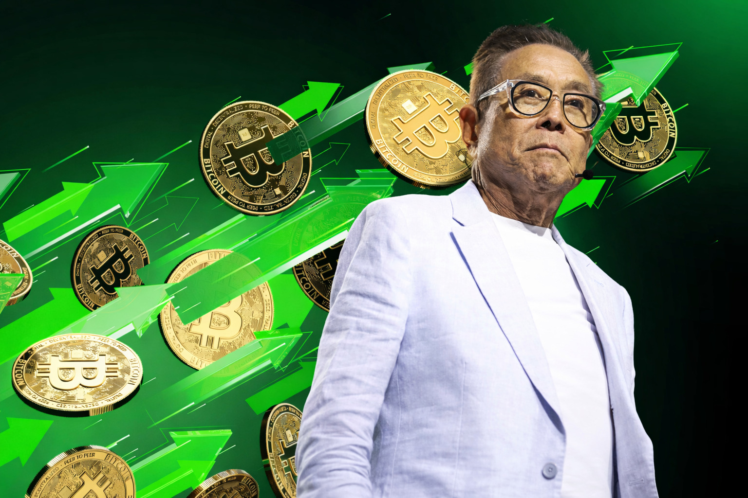 Robert Kiyosaki vor steigenden Bitcoin-Kursen mit grünen Pfeilen im Hintergrund.