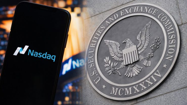 Eine Montage, die links ein Smartphone mit dem Nasdaq-Logo und rechts das SEC-Wappen an einer Wand zeigt