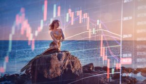 Eine Merjungfrau auf einem Fels umgeben von einem Trading-Chart