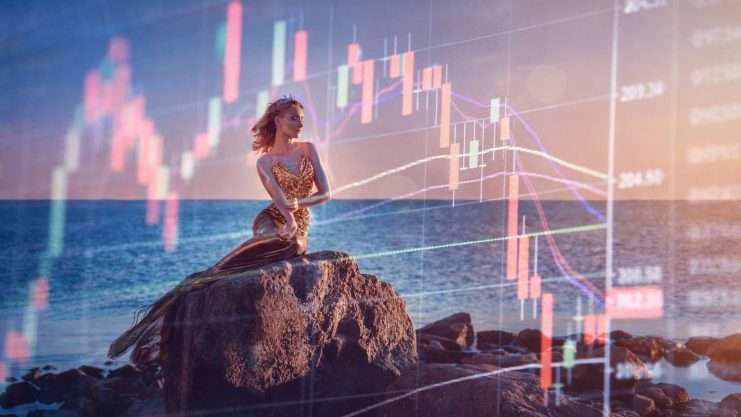 Eine Merjungfrau auf einem Fels umgeben von einem Trading-Chart