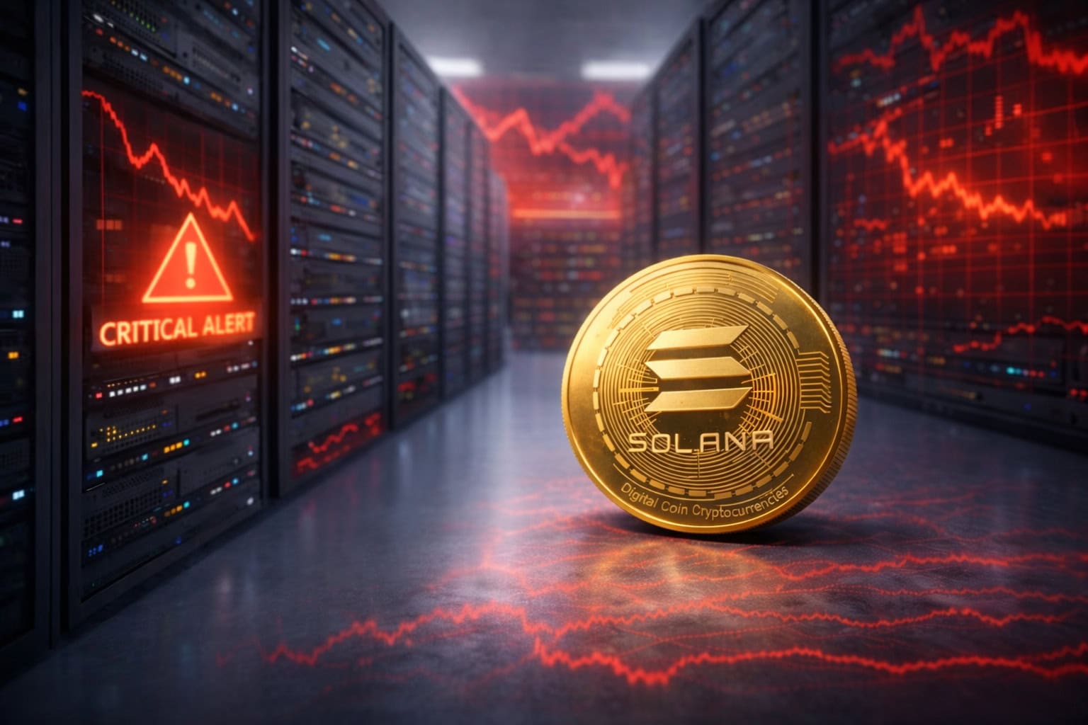 Solana Validator-Update: Solana-Coin vor Server-Infrastruktur mit rotem Warnsignal als Symbolbild für die Debatte um Sicherheitsupdate und Netzwerkkoordination