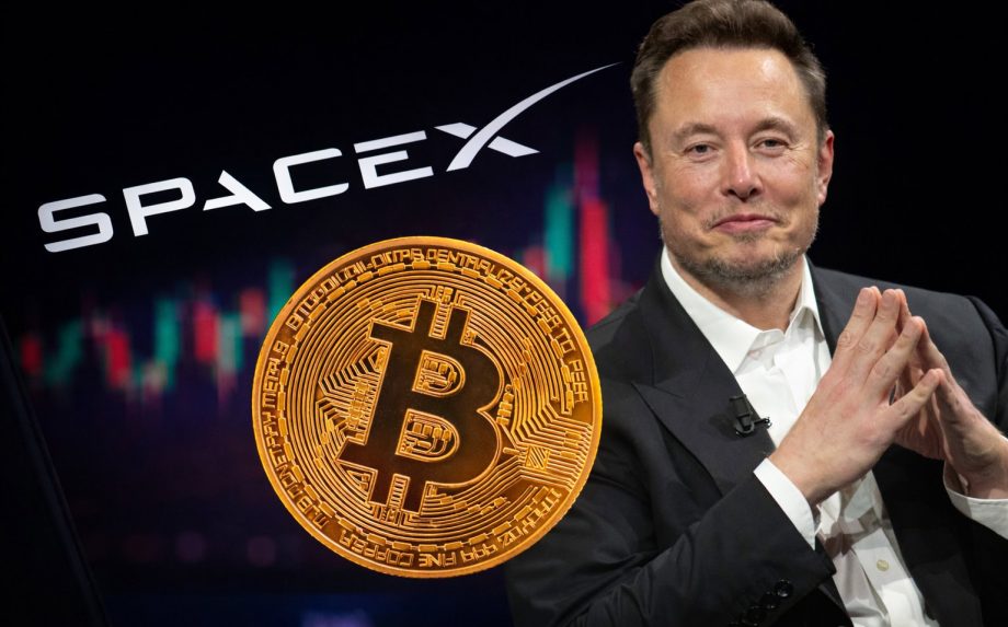 SpaceX-Logo, Bitcoin-Münze und Elon Musk vor Kurschart-Hintergrund