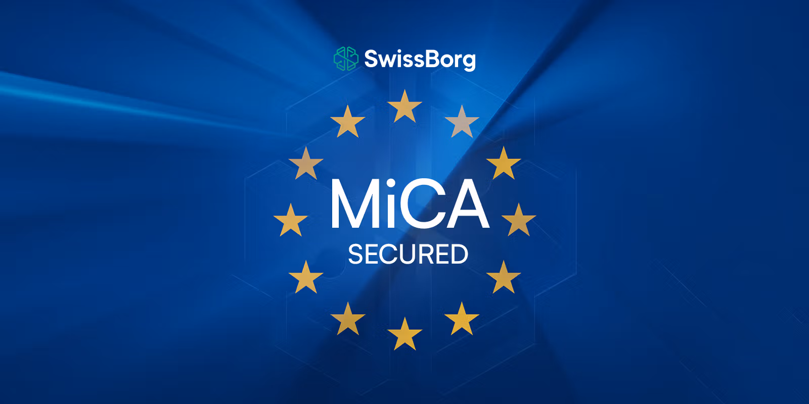 Eine EU-Flagge mit den Worten "MiCA" unter dem Swissborg-Logo