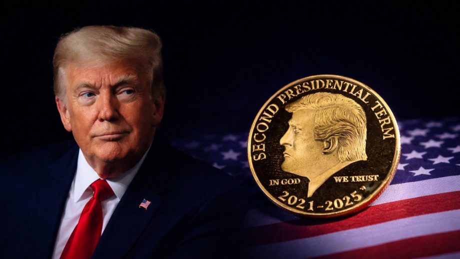 Donald Trump neben einer Münze mit seinem Kopf darauf