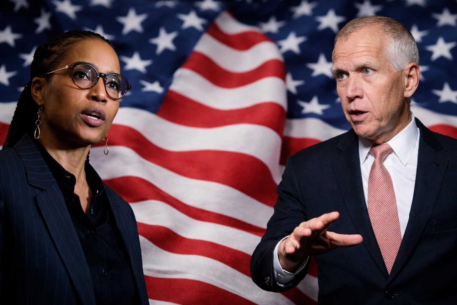 Der republikanische Senator Thom Tillis und die demokratische Senatorin Angela Alsobrooks stehen vor einer US-Flagge und diskutieren ernsthaft politische Themen.
