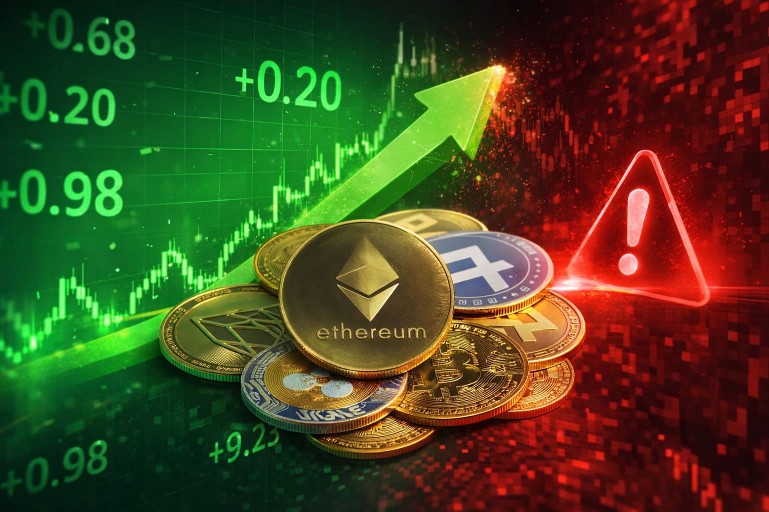 Ethereum-Coin auf gestapelten Kryptowährungen vor grünem Kurschart mit steigendem Pfeil und rotem Warnsymbol, das Chancen und Risiken von Krypto-Investments zeigt.