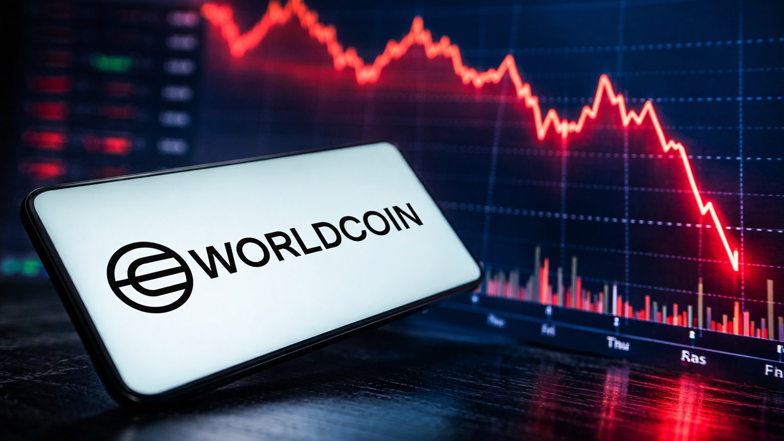 Das Worldcoin-Logo auf einem Smartphone vor einem fallenden Chart