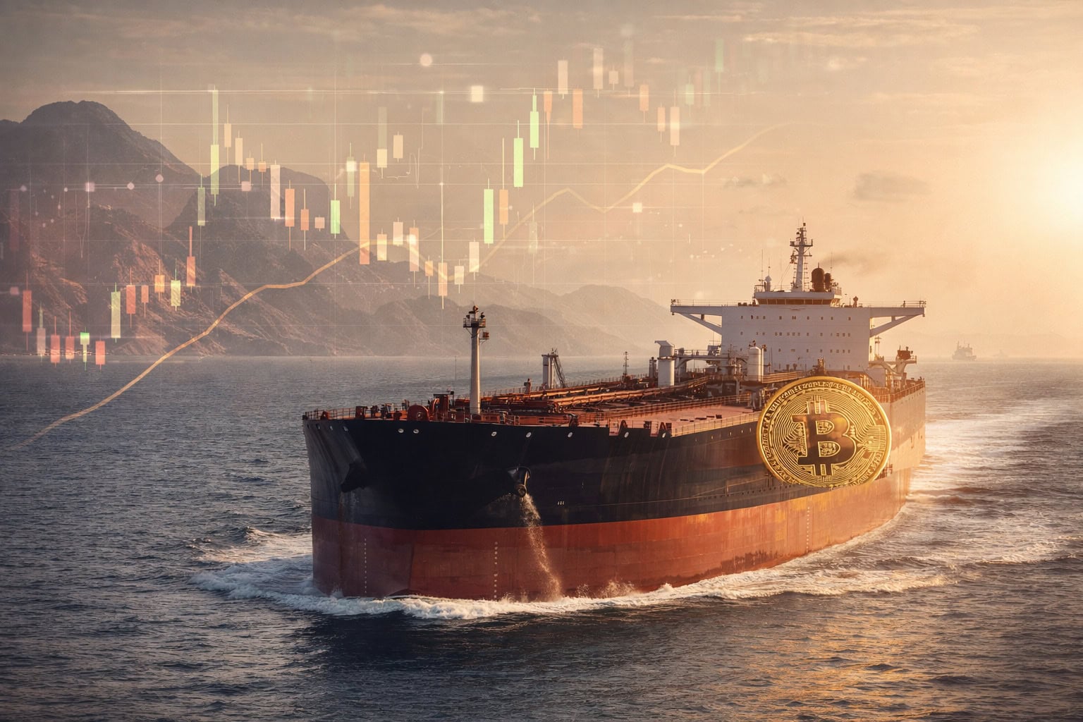 Öltanker in der Straße von Hormus mit integrierter Bitcoin-Münze als Symbol für Öl-Schock, Iran-Konflikt und Bitcoin-Makrorisiko